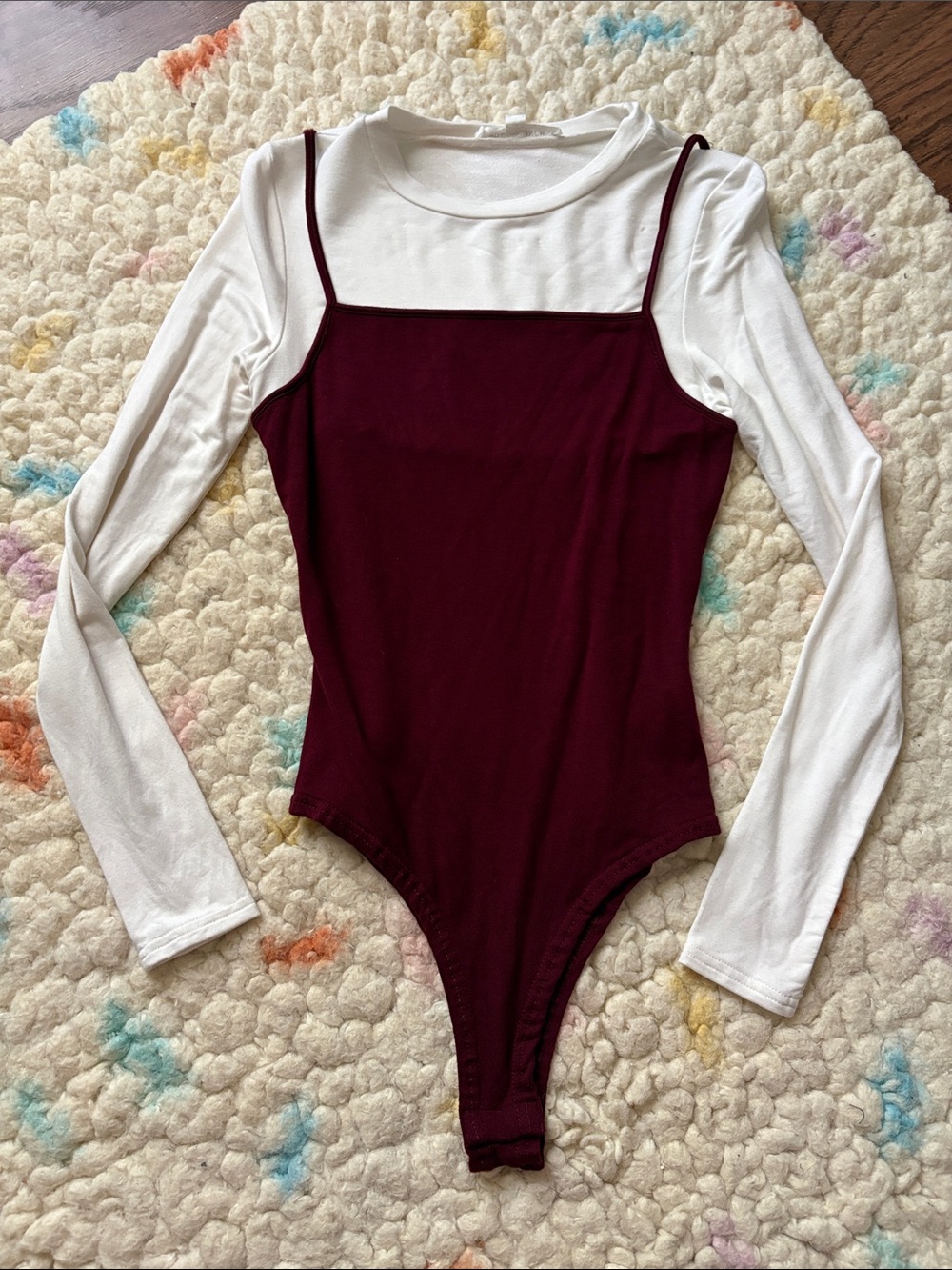 Honey Punch Burgundy and White Layered-Look One-Piece Bodysuit